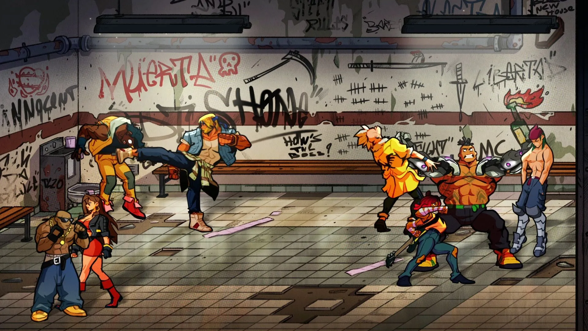 Ba nhân vật Axel, Blaze và Floyd cùng chiến đấu chống lại đám côn đồ trong game Streets of Rage 4, một ví dụ tiêu biểu cho sự hồi sinh của thể loại beat 'em up