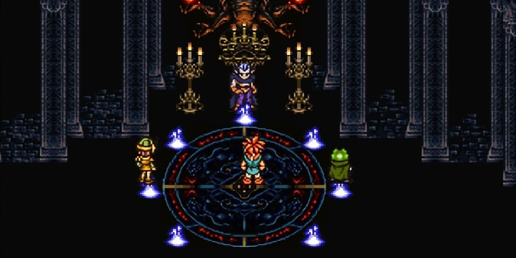 Ba nhân vật Crono, Frog và Lucca đối đầu với Magus trong lâu đài của hắn trong game JRPG Chrono Trigger