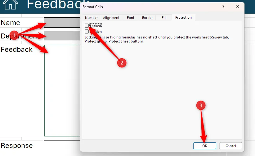 Ba ô trong Excel được chọn, và &quot;Locked&quot; trong tab Protection của hộp thoại Format Cells được bỏ chọn để cho phép chỉnh sửa.