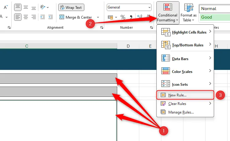 Ba ô trong Excel được chọn, và &quot;New Rule&quot; trong menu thả xuống Conditional Formatting được làm nổi bật để tạo quy tắc định dạng mới.