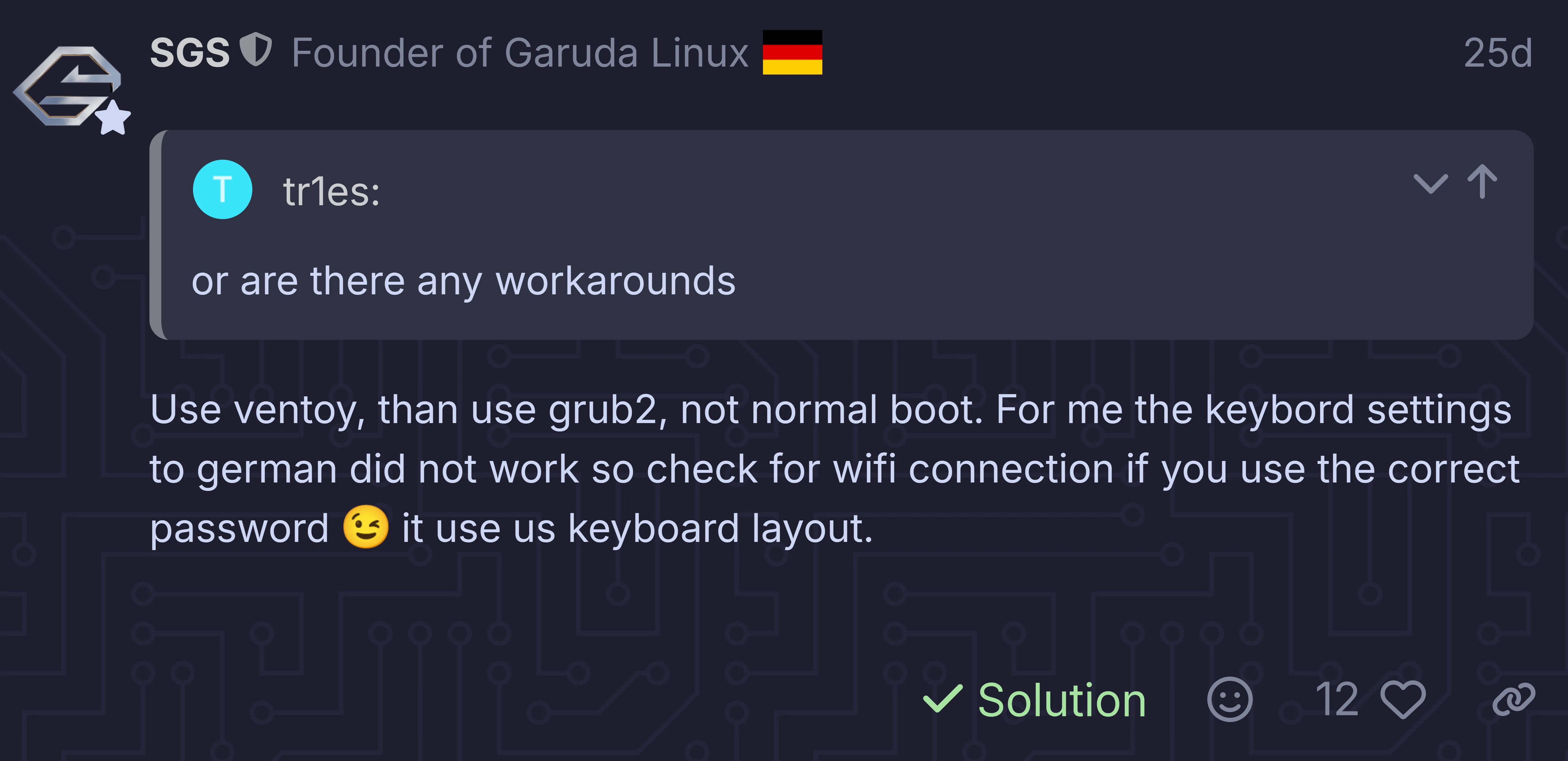 Bài viết trên diễn đàn Garuda Linux đề xuất sử dụng Ventoy để giải quyết vấn đề boot không thành công.