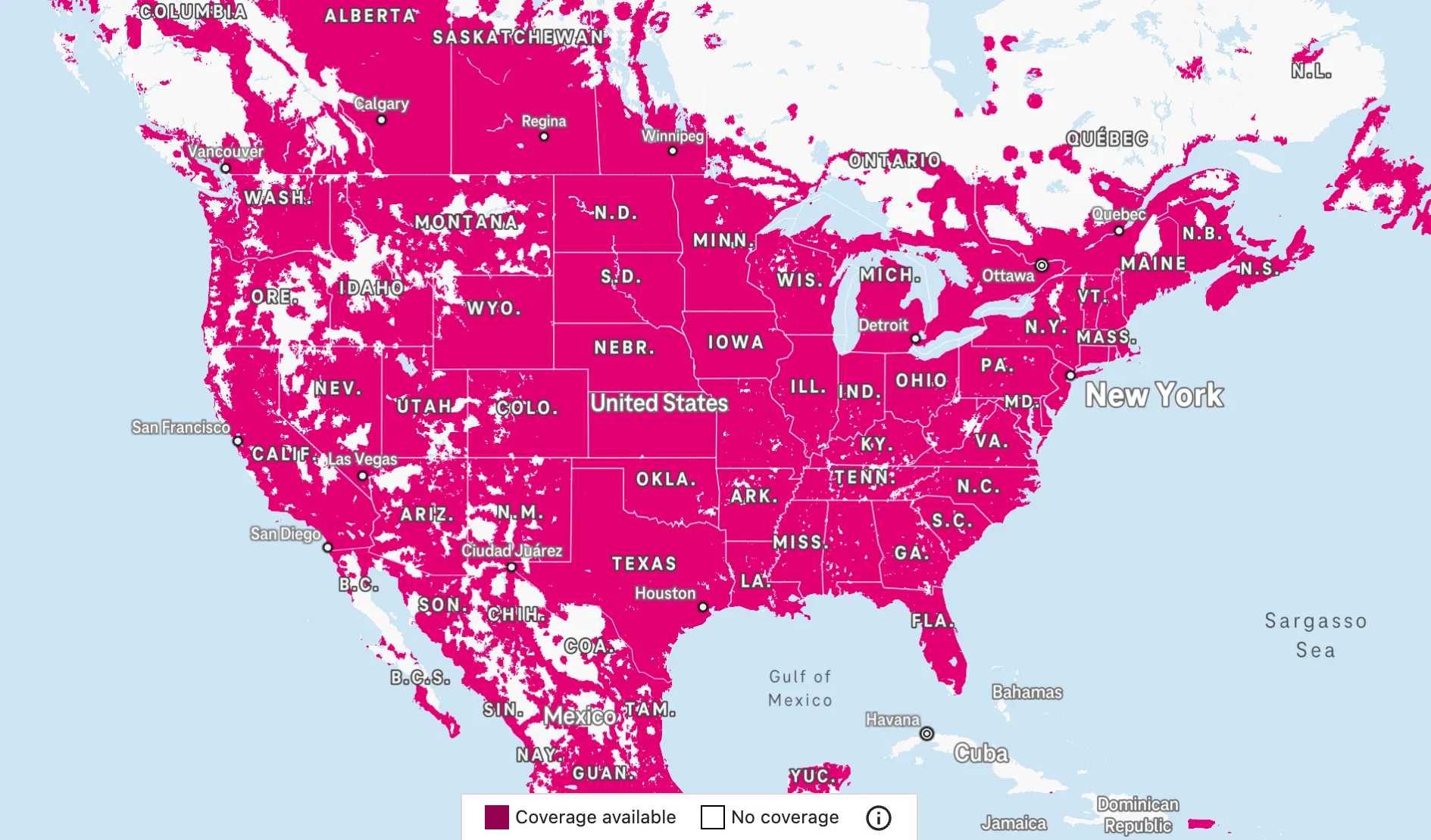 Bản đồ vùng phủ sóng mạng di động T-Mobile tại Hoa Kỳ, minh họa tầm quan trọng của việc kiểm tra trước khi chọn nhà mạng.