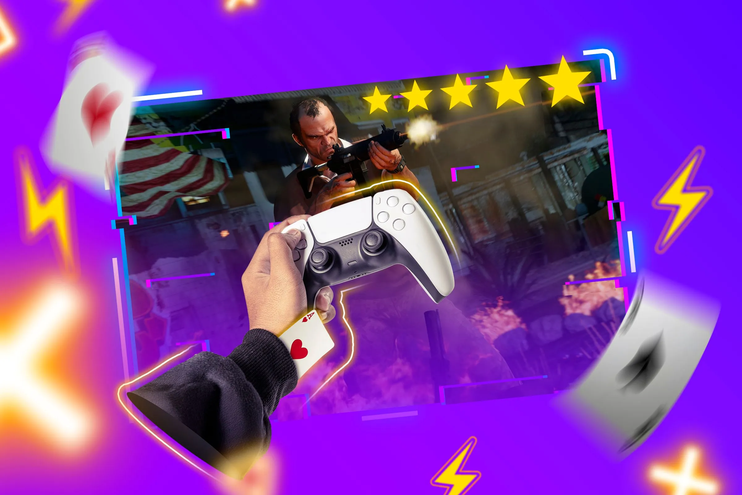 Bàn tay cầm tay cầm chơi game có quân bài trong tay áo, minh họa kỹ thuật "cheesing" trong game