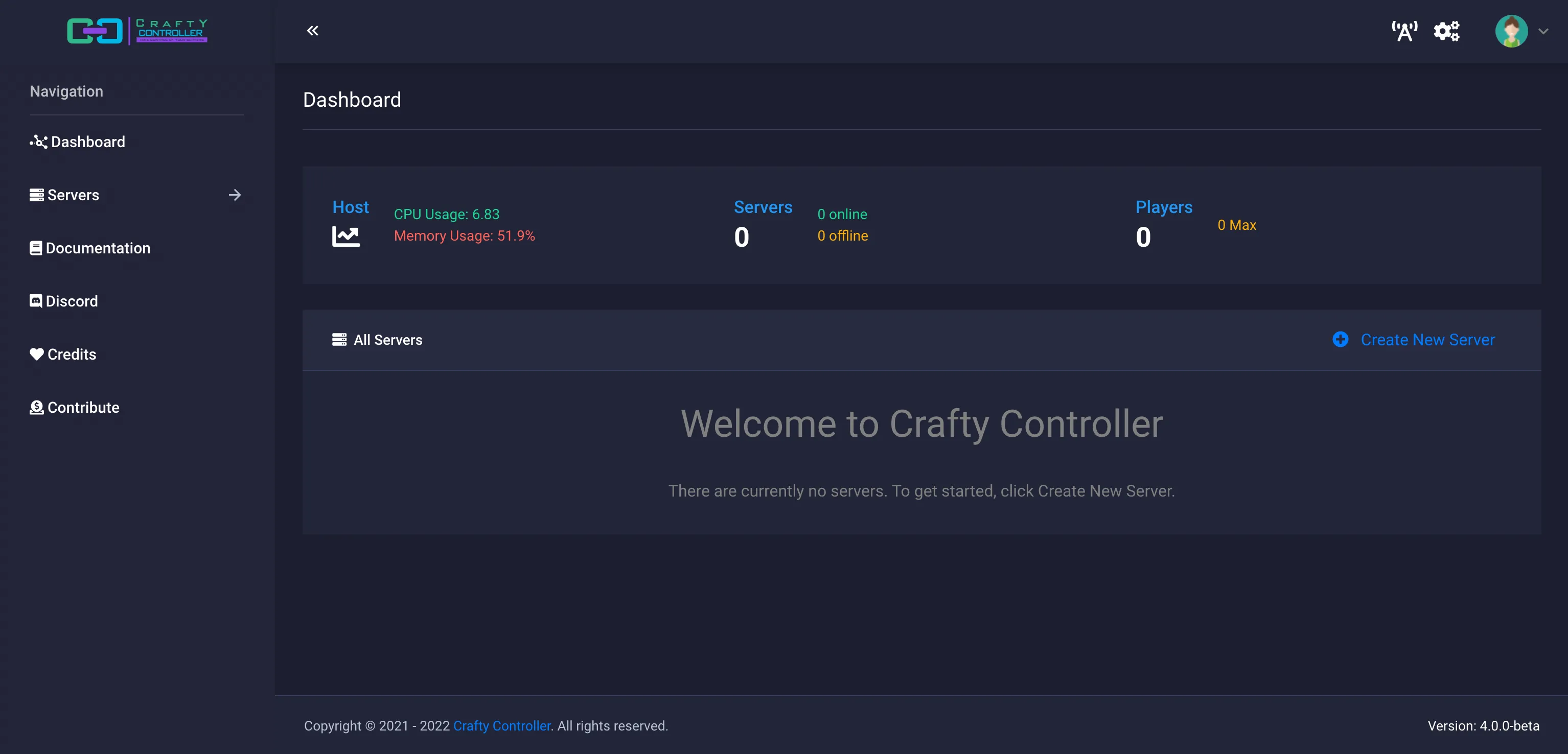 Bảng điều khiển (dashboard) của Crafty Controller 4, một ứng dụng web quản lý server Minecraft mạnh mẽ.