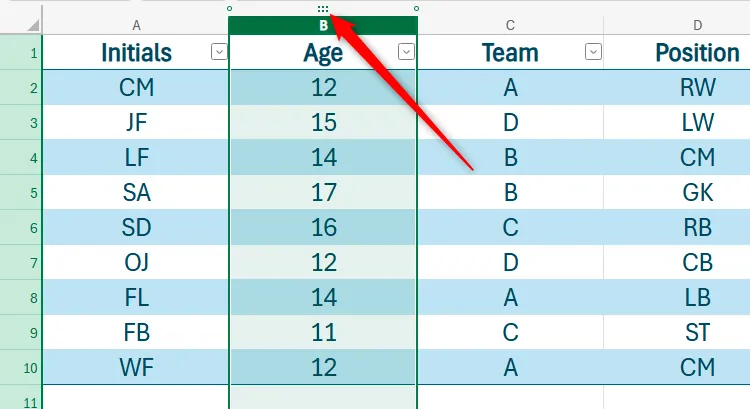 Bảng tính Excel Online với biểu tượng tay nắm sáu chấm ở đầu cột B, minh họa tính năng kéo và thả để di chuyển cột, một phần của cải tiến sao chép dán.