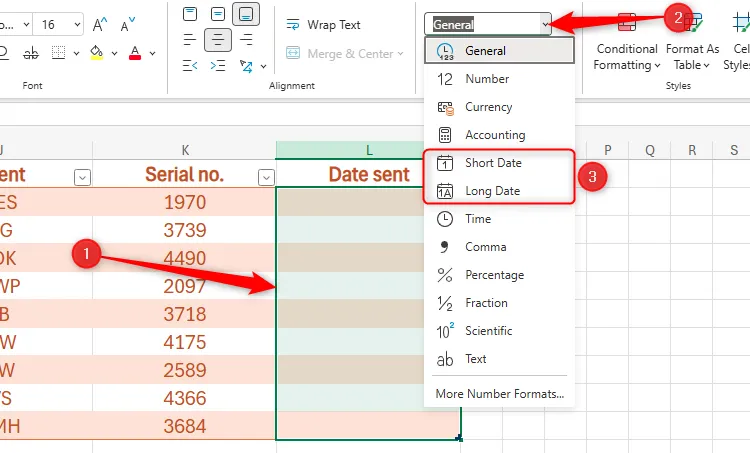 Bảng tính Excel Online với các ô đã chọn và định dạng số &quot;Short Date&quot; (Ngày ngắn) và &quot;Long Date&quot; (Ngày dài) được làm nổi bật, chuẩn bị cho việc sử dụng công cụ chọn ngày.