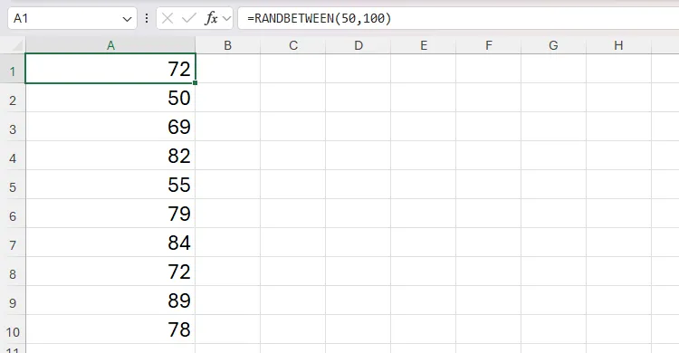 Bảng tính Excel với các giá trị ngẫu nhiên từ hàm RANDBETWEEN trong ô A1 đến A10