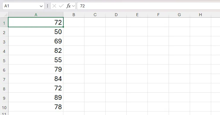 Bảng tính Excel với các giá trị số ngẫu nhiên đã được cố định trong ô A1 đến A10