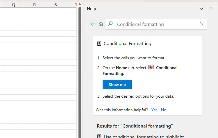 Bảng Trợ giúp của Excel hiển thị các mẹo và hướng dẫn sử dụng định dạng có điều kiện (conditional formatting).