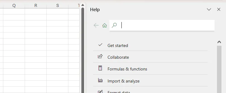 Bảng Trợ giúp trong Microsoft Excel mở ra khi nhấn phím F1, cung cấp các tùy chọn hỗ trợ người dùng.