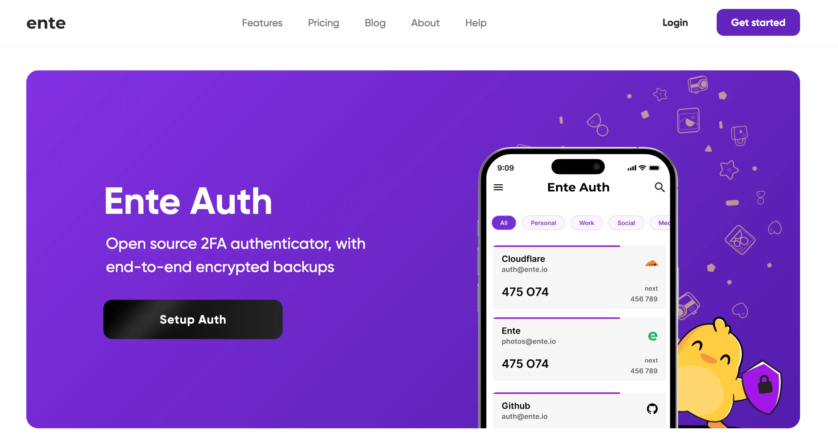 Banner trang chủ ứng dụng xác thực 2 yếu tố Ente Auth
