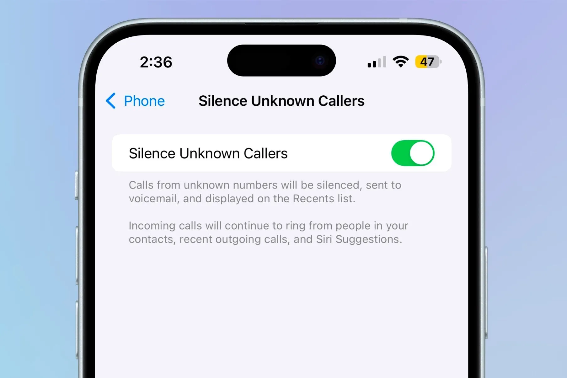 Bật tính năng Tắt Tiếng Cuộc Gọi Không Rõ trong phần Điện thoại của Cài đặt trên iPhone.