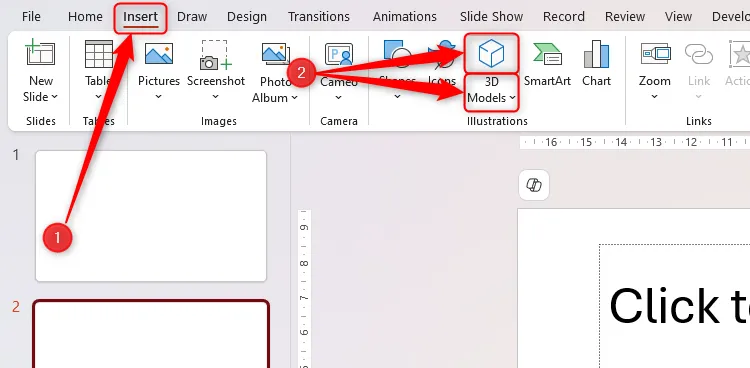 Biểu tượng "3D Models" trong thẻ Insert của PowerPoint để chèn mô hình 3D