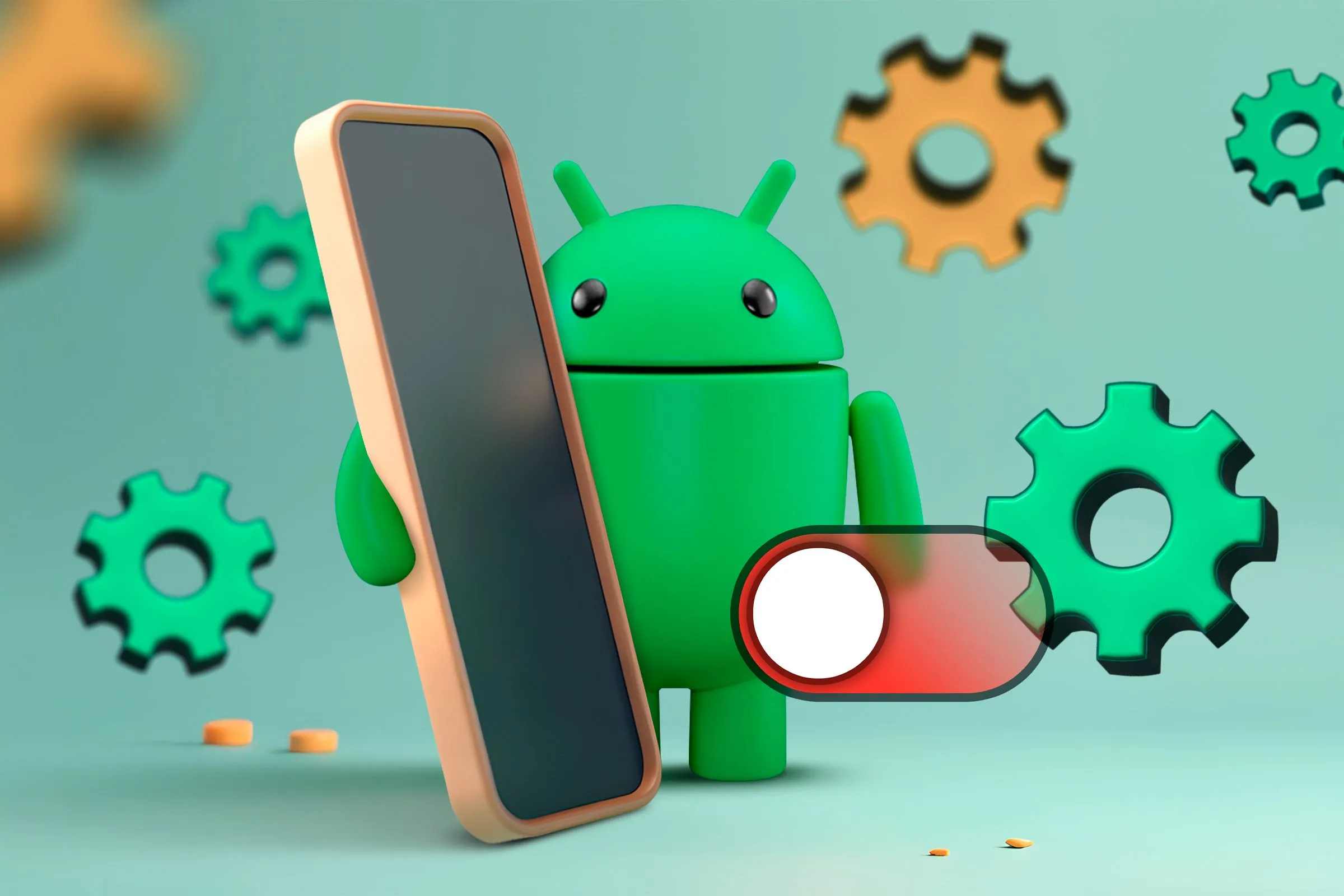 Biểu tượng Android cùng điện thoại và các icon cài đặt, biểu thị khả năng quản lý cài đặt ứng dụng tập trung trên Android 16.