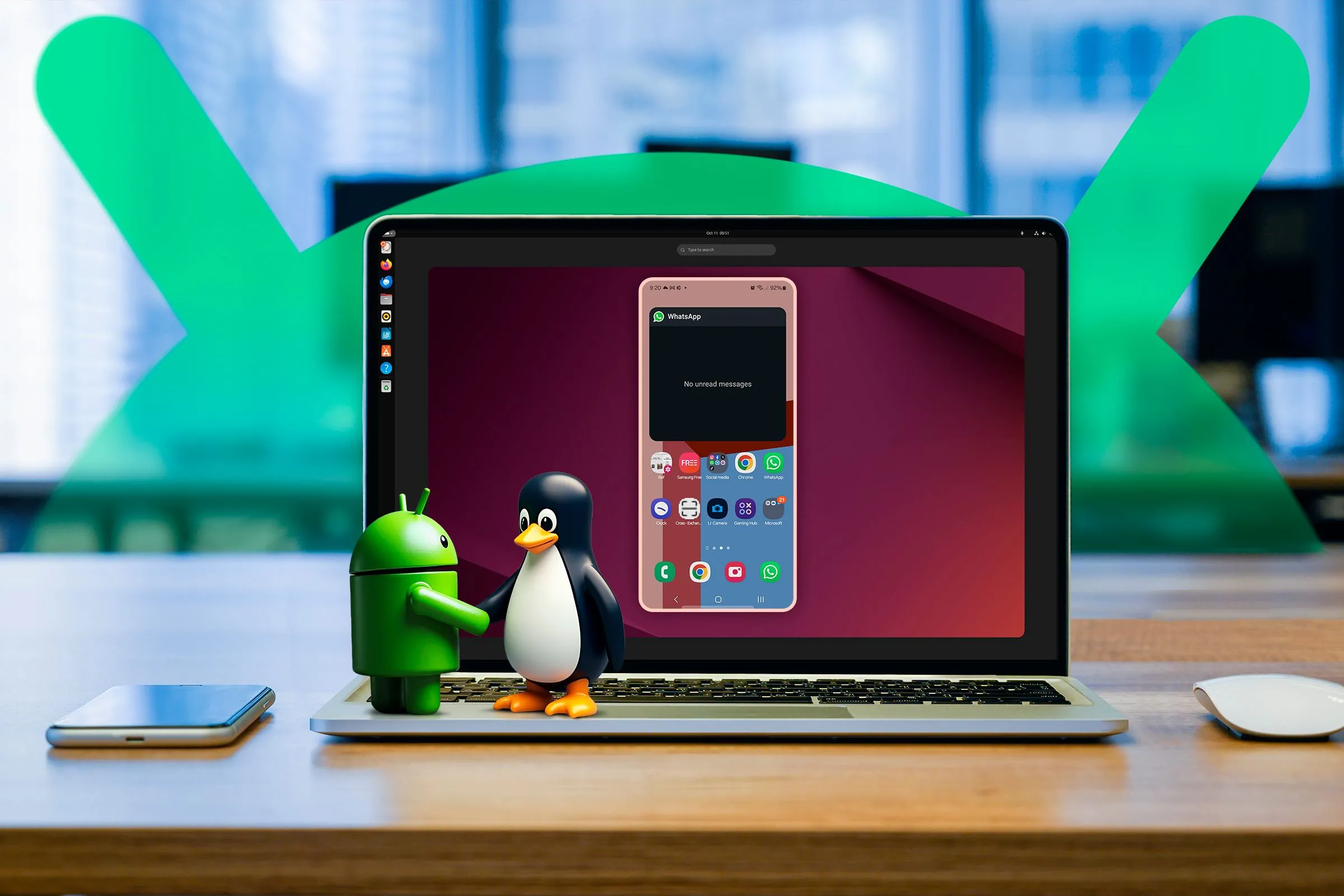 Biểu tượng Android và Linux bắt tay trên màn hình laptop Ubuntu, minh họa Android hoạt động trên nhân Linux.