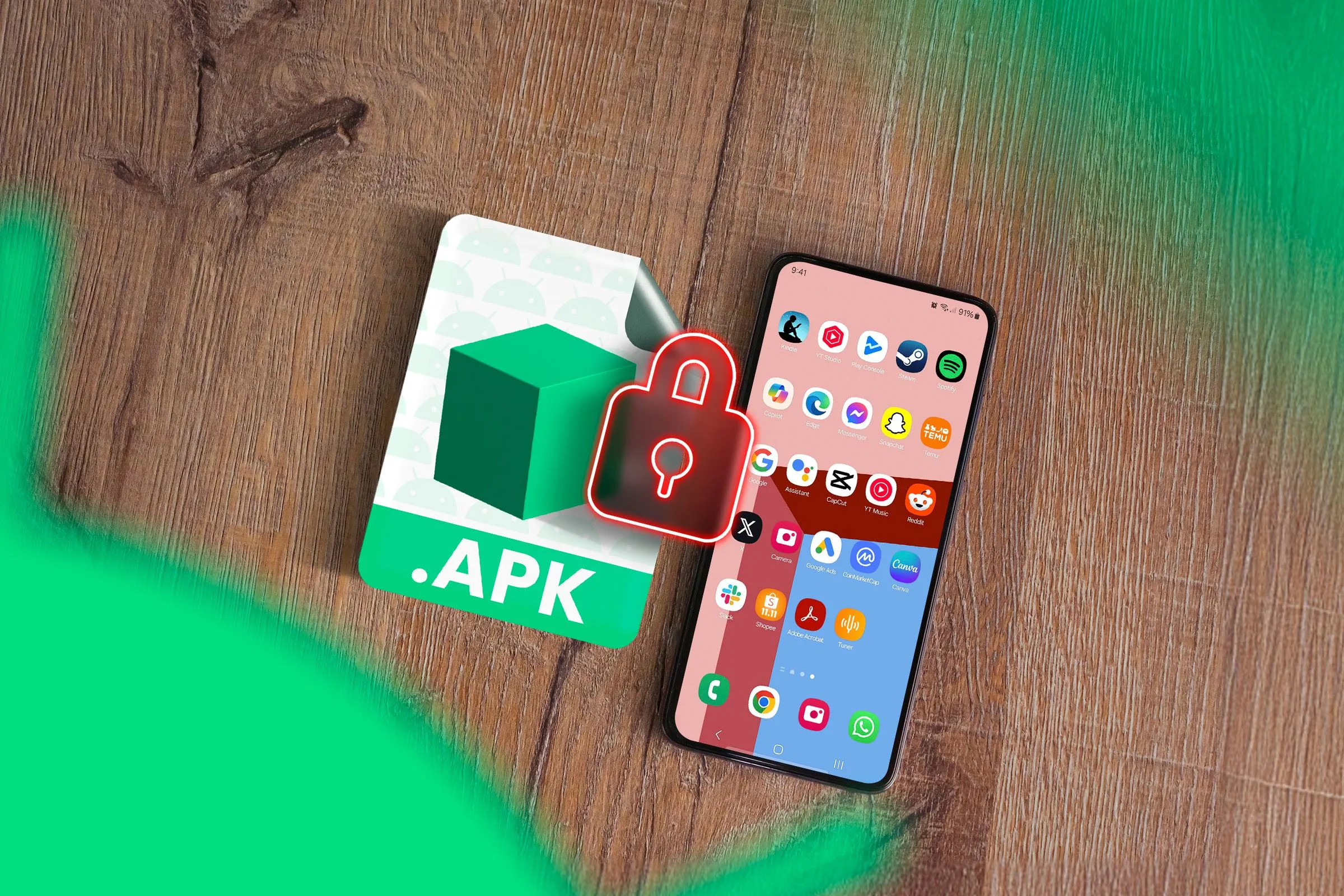 Biểu tượng APK và điện thoại thông minh được khóa bằng ổ khóa, minh họa tính năng khóa ứng dụng bảo mật