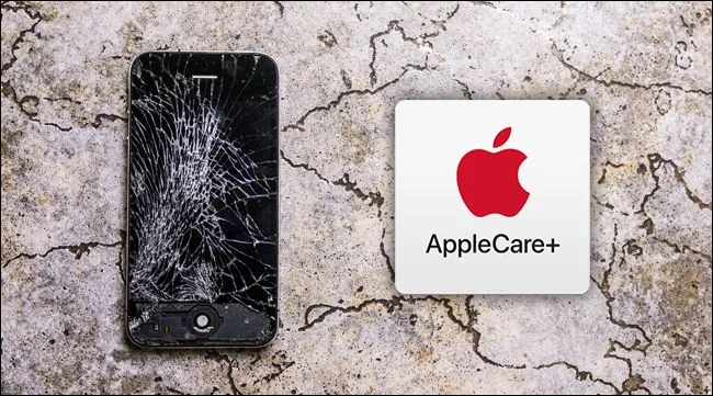 Biểu tượng AppleCare+ bên cạnh một chiếc iPhone bị nứt màn hình