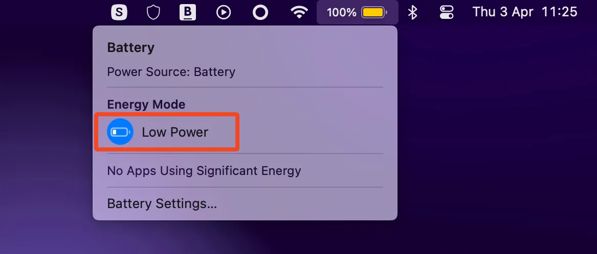 Biểu tượng chế độ nguồn điện thấp (Low Power Mode) hiển thị trên thanh menu bar của macOS, cho phép kích hoạt nhanh để tối ưu thời lượng pin MacBook.