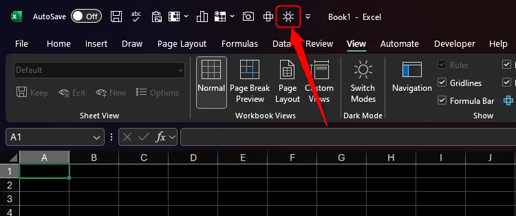 Biểu tượng chế độ sáng trên Thanh Truy Cập Nhanh của Excel