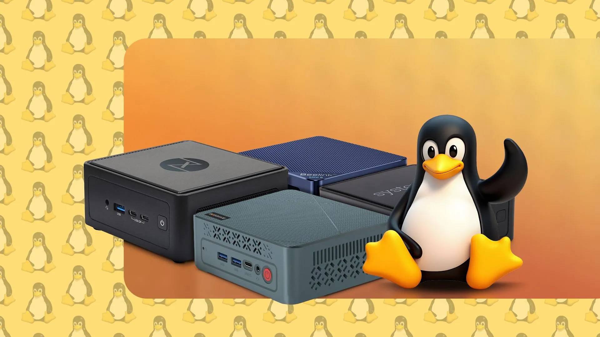Biểu tượng chim cánh cụt Linux bên cạnh các mẫu máy tính Mini PC
