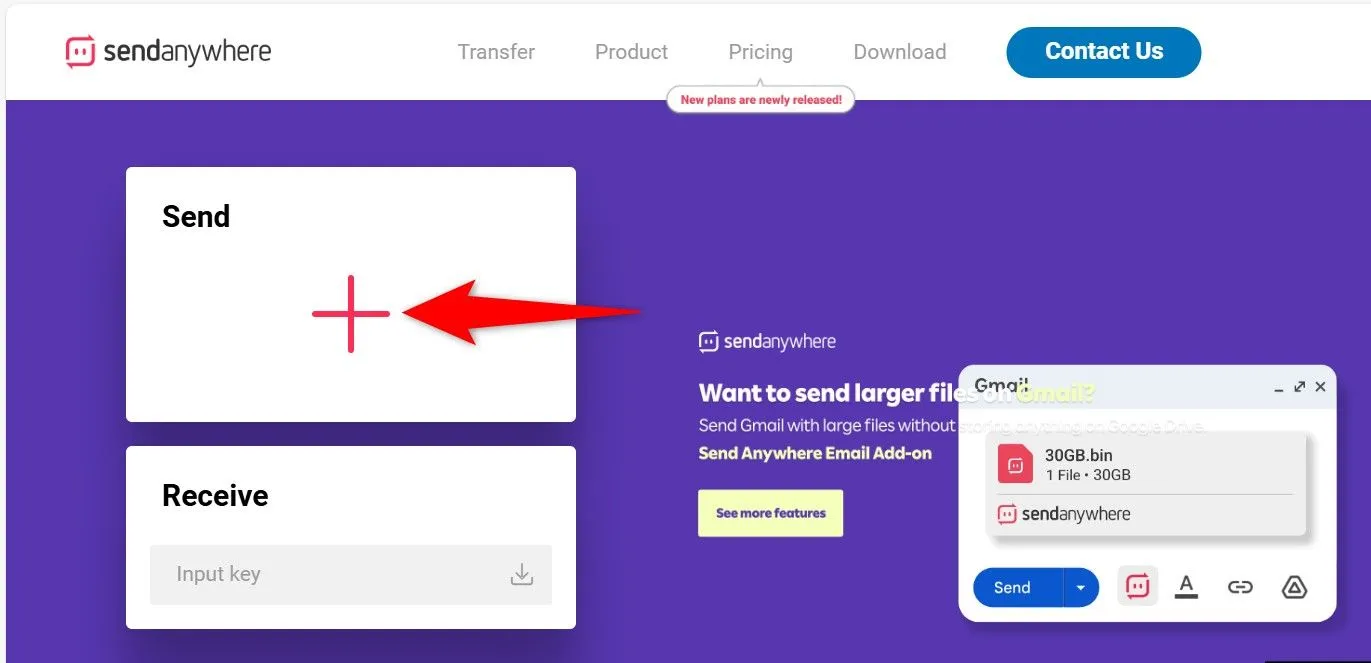 Biểu tượng dấu cộng nổi bật trong mục &quot;Gửi&quot; trên giao diện Send Anywhere để thêm tệp.