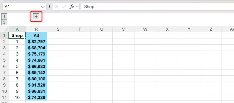 Biểu tượng dấu cộng (+) trong Excel, cho biết các cột đã nhóm đang được ẩn và có thể mở rộng.