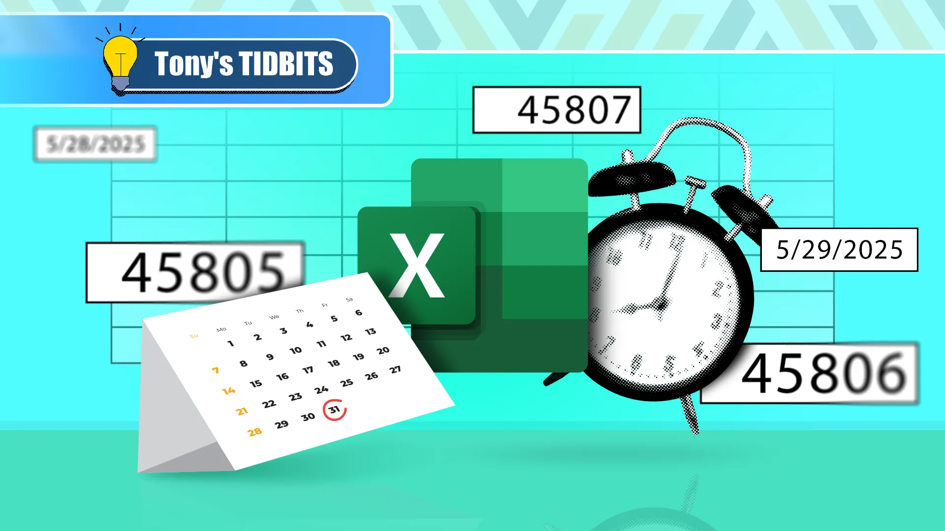 Biểu tượng Excel cùng lịch, đồng hồ và số serial thể hiện ngày giờ