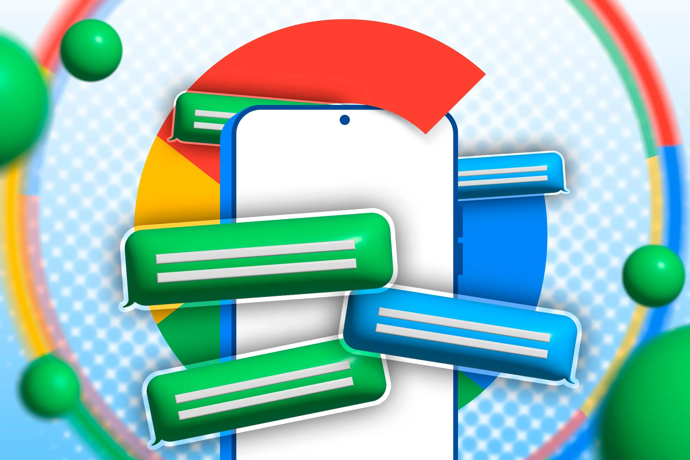Biểu tượng Google cùng các bong bóng tin nhắn xanh lá và xanh dương, minh họa cho sự tích hợp của Google Messages trong hệ sinh thái Google.