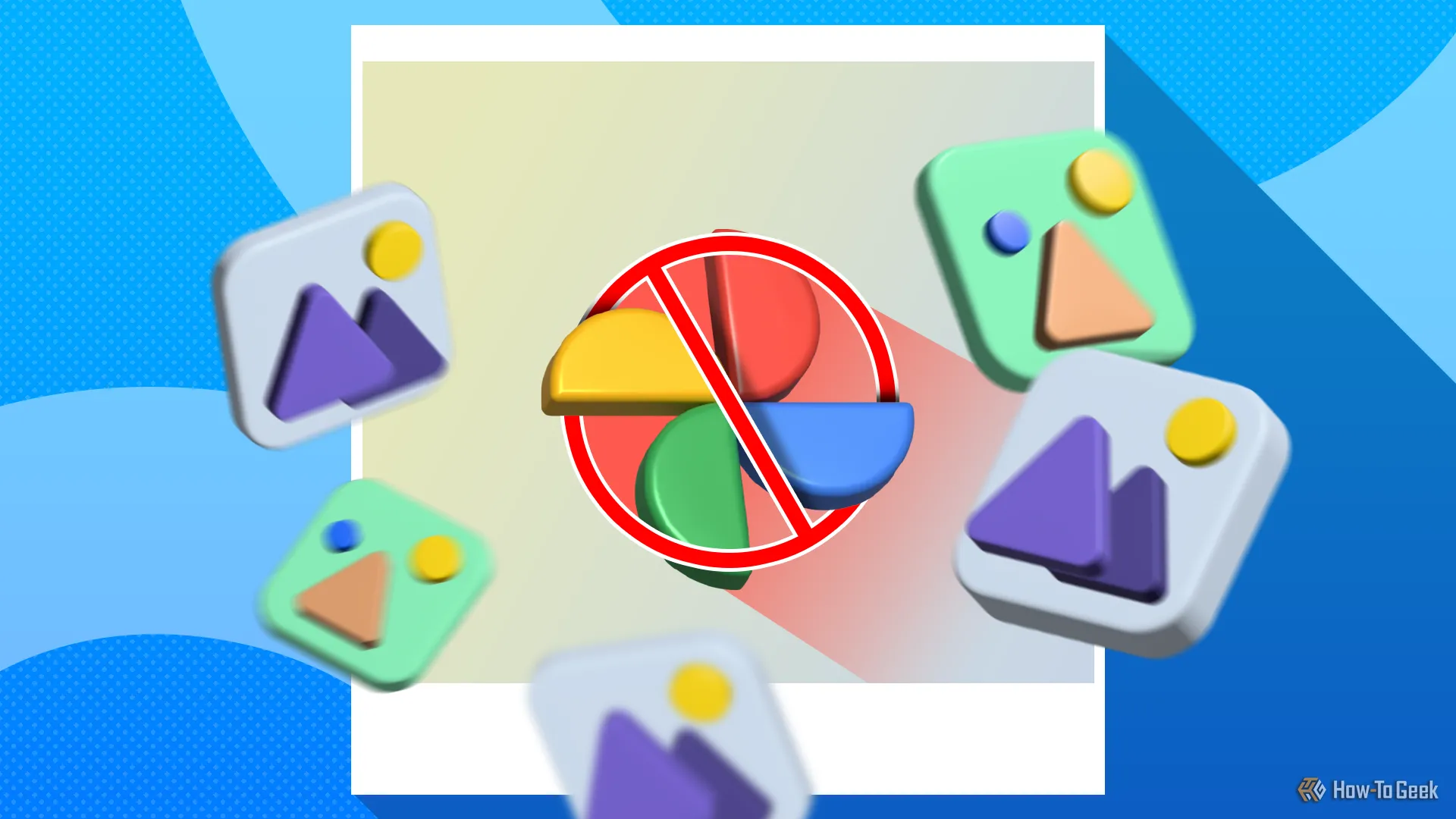 Biểu tượng Google Photos bị gạch chéo với các hình ảnh xung quanh, tượng trưng cho việc từ bỏ dịch vụ