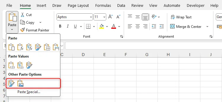 Biểu tượng Hình ảnh Liên kết không hiển thị trong menu Dán của Excel nếu chưa sao chép dữ liệu