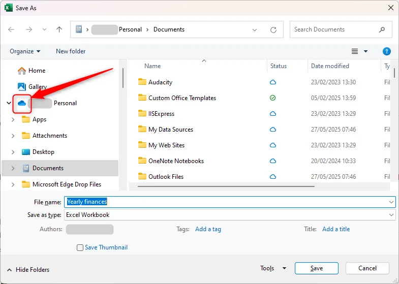 Biểu tượng OneDrive được đánh dấu trong hộp thoại 'Lưu Như' của Excel, cho thấy vị trí lưu trữ đám mây
