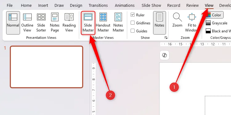 Biểu tượng Slide Master (Trang chiếu cái) trên tab View (Xem) trong giao diện PowerPoint.