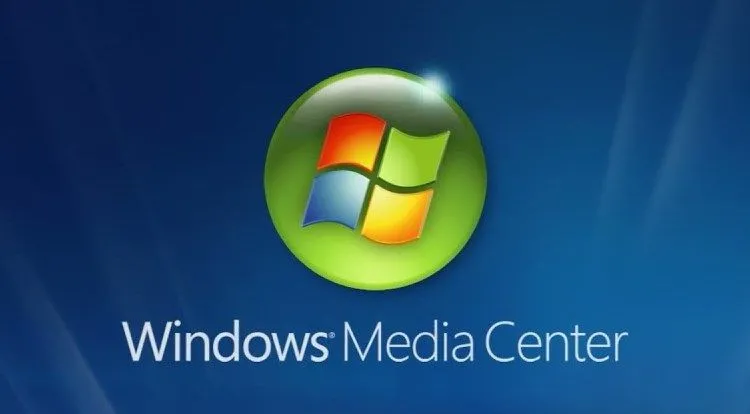 Biểu tượng Windows Media Center trên nền giao diện màu xanh lá cây đặc trưng.
