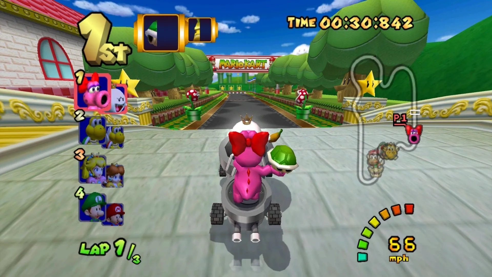 Birdo và Boo dẫn đầu cuộc đua trong Mario Kart: Double Dash!!