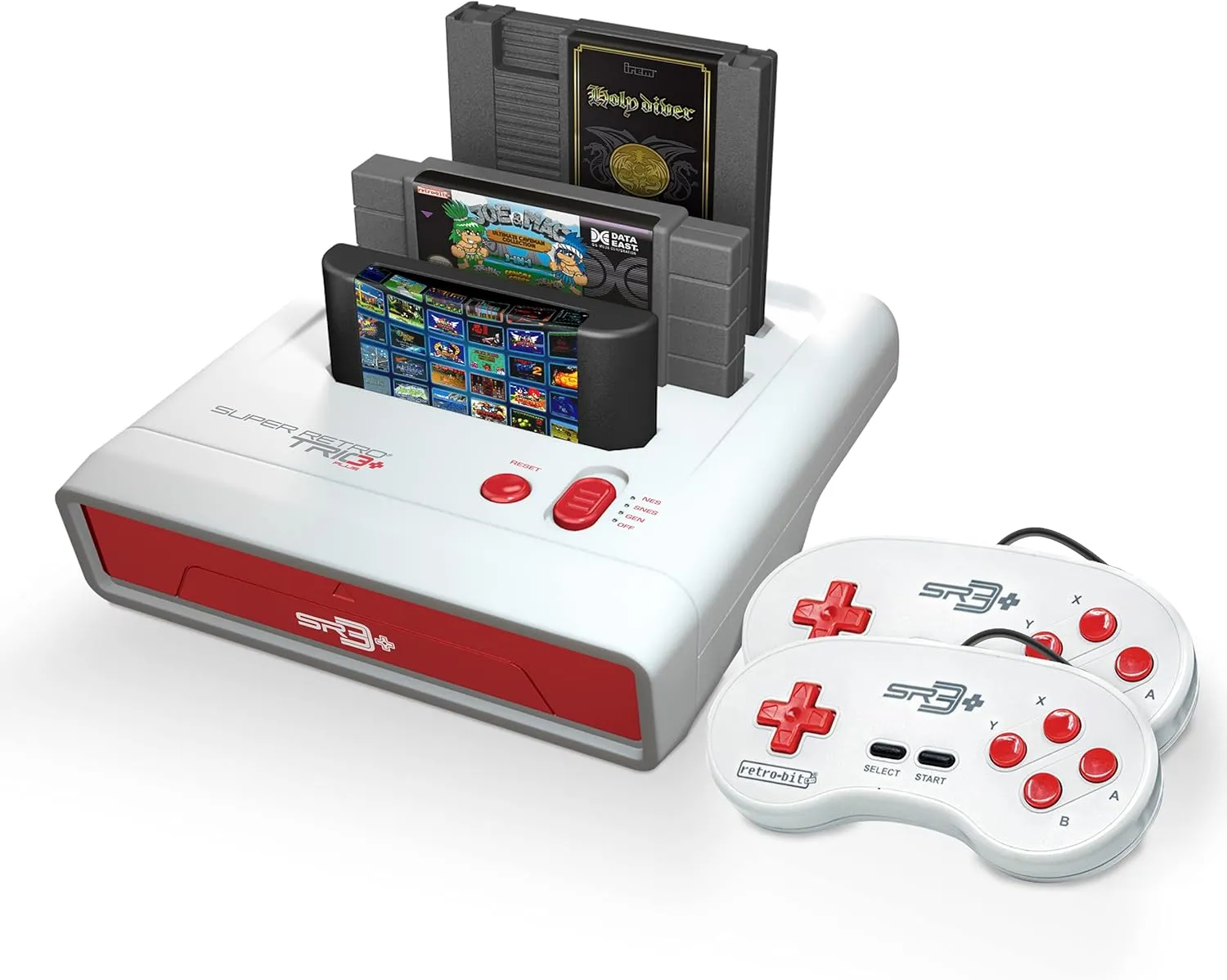 Bộ console Retro-Bit Super Retro Trio HD Plus với ba khe cắm băng game và hai tay cầm, sẵn sàng cho trải nghiệm game retro.