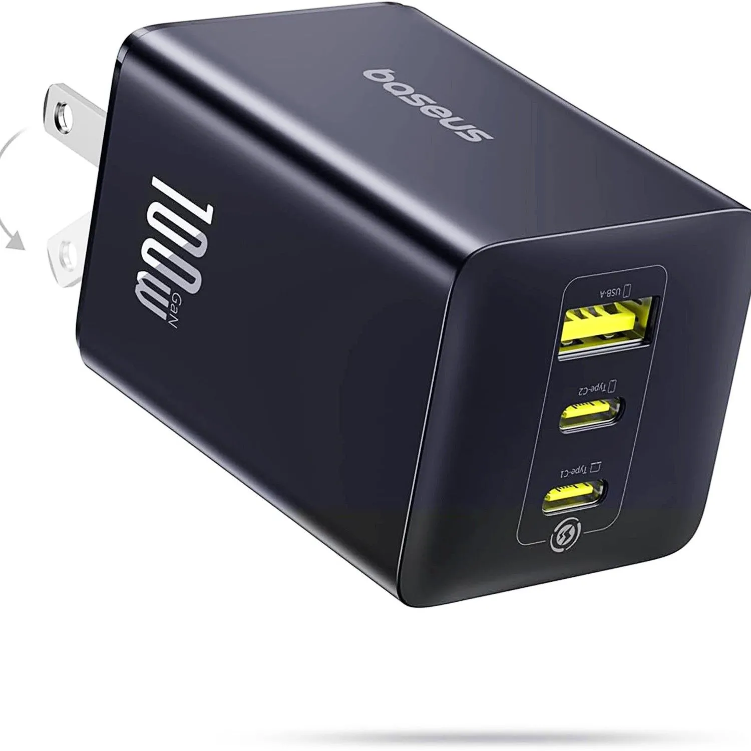 Bộ sạc nhanh Baseus 100W USB-C đa cổng với thiết kế nhỏ gọn trên nền trắng.