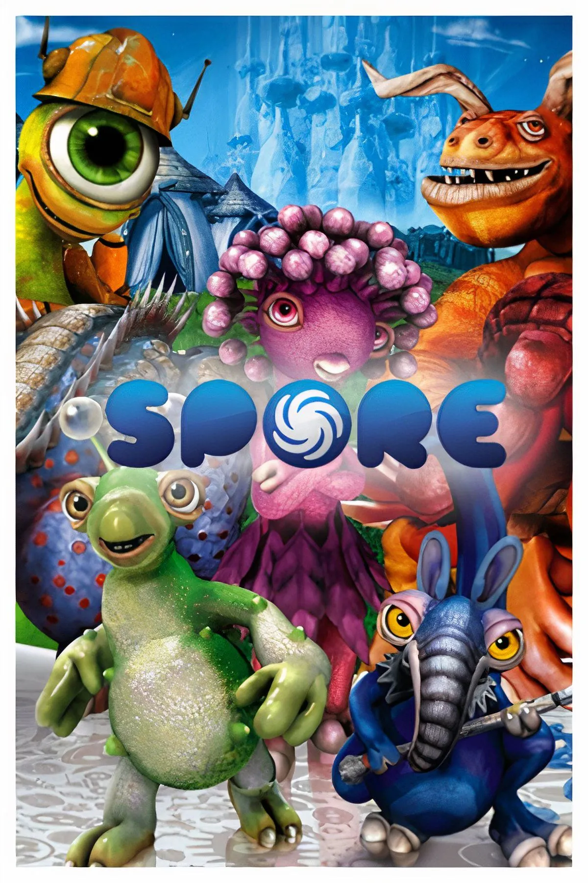 Bộ sưu tập hình ảnh từ game Spore, cho thấy các giai đoạn phát triển từ tế bào đơn đến sinh vật phức tạp.