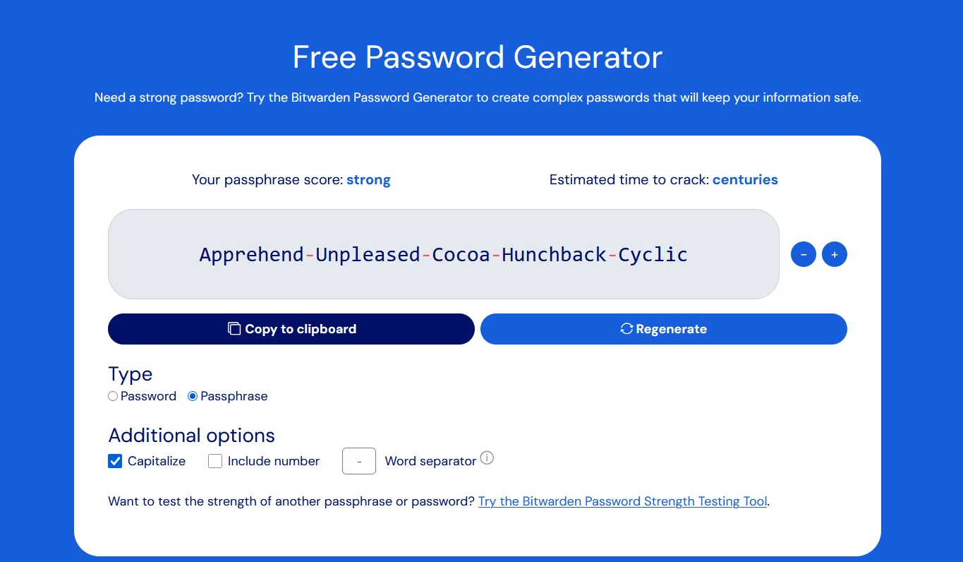 Bộ tạo mật khẩu cụm từ của Bitwarden hiển thị giao diện tùy chỉnh tạo passphrase an toàn
