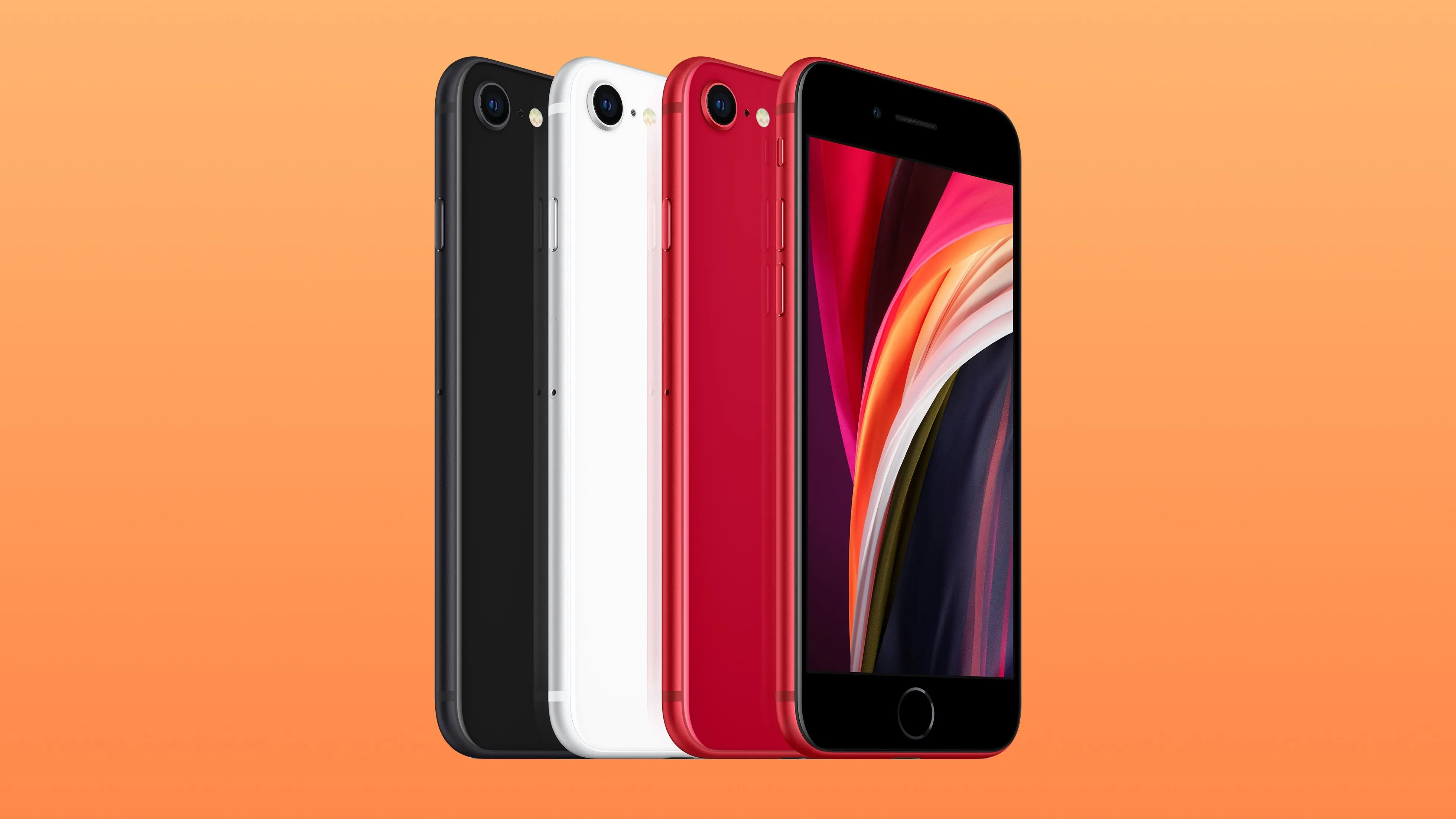 Bốn chiếc iPhone SE thế hệ thứ hai (2020) với các màu sắc khác nhau, nhìn từ cạnh bên.