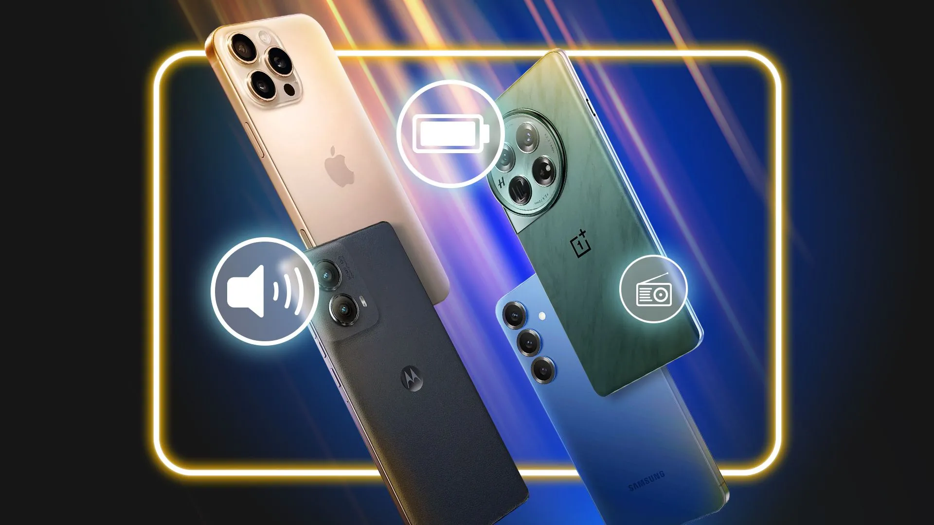 Bốn chiếc smartphone đang lơ lửng trên nền xanh với các biểu tượng ánh sáng neon, pin, loa và radio, thể hiện sự đa dạng công nghệ và khả năng kết nối không ngừng của thiết bị di động.