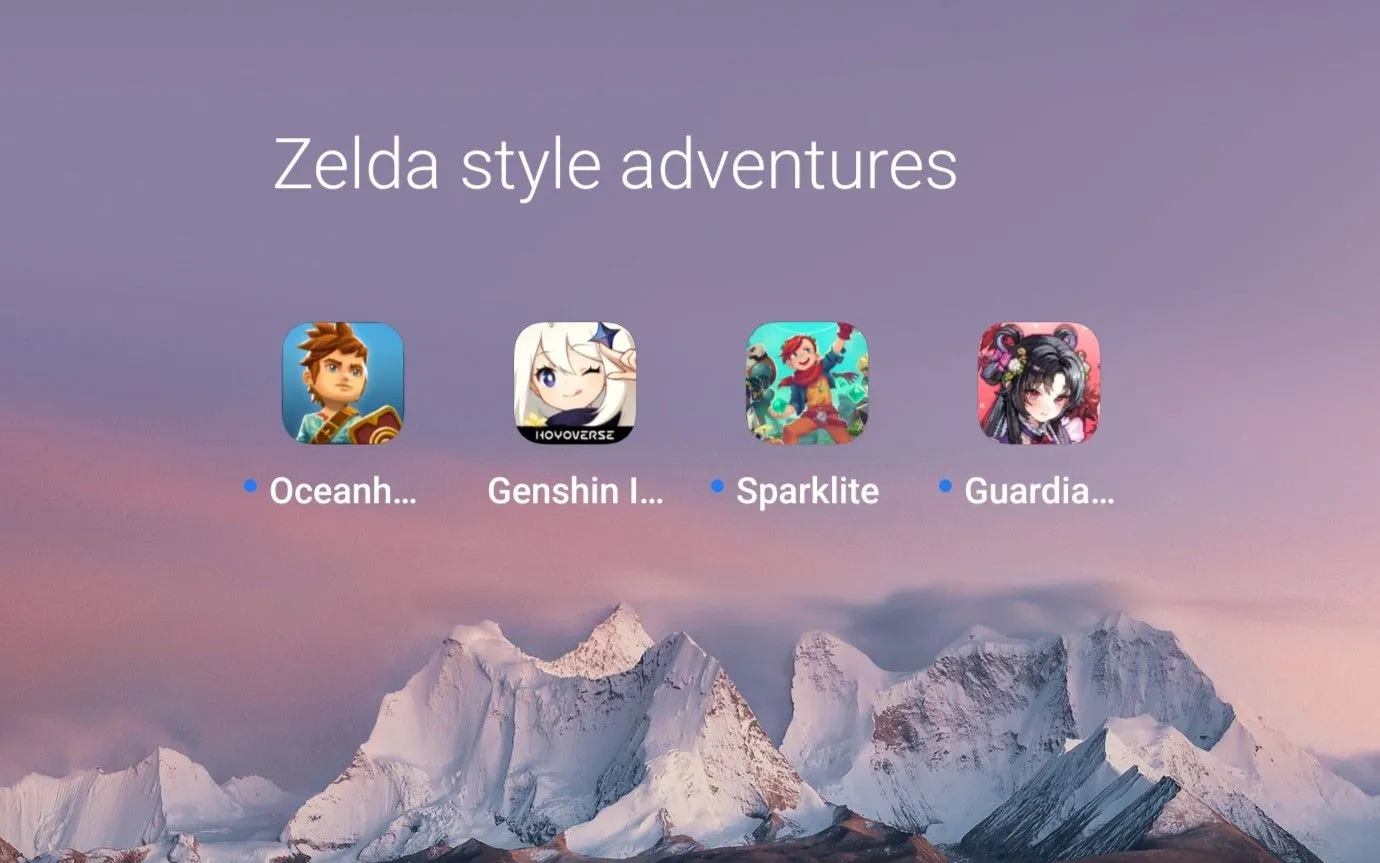 Bốn tựa game phiêu lưu phong cách Zelda được hiển thị trên các màn hình điện thoại Android, thể hiện đồ họa và lối chơi đa dạng