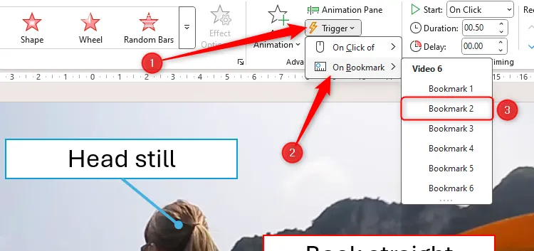 Bookmark 2 được chọn trong menu thả xuống Trigger hiệu ứng động trong PowerPoint