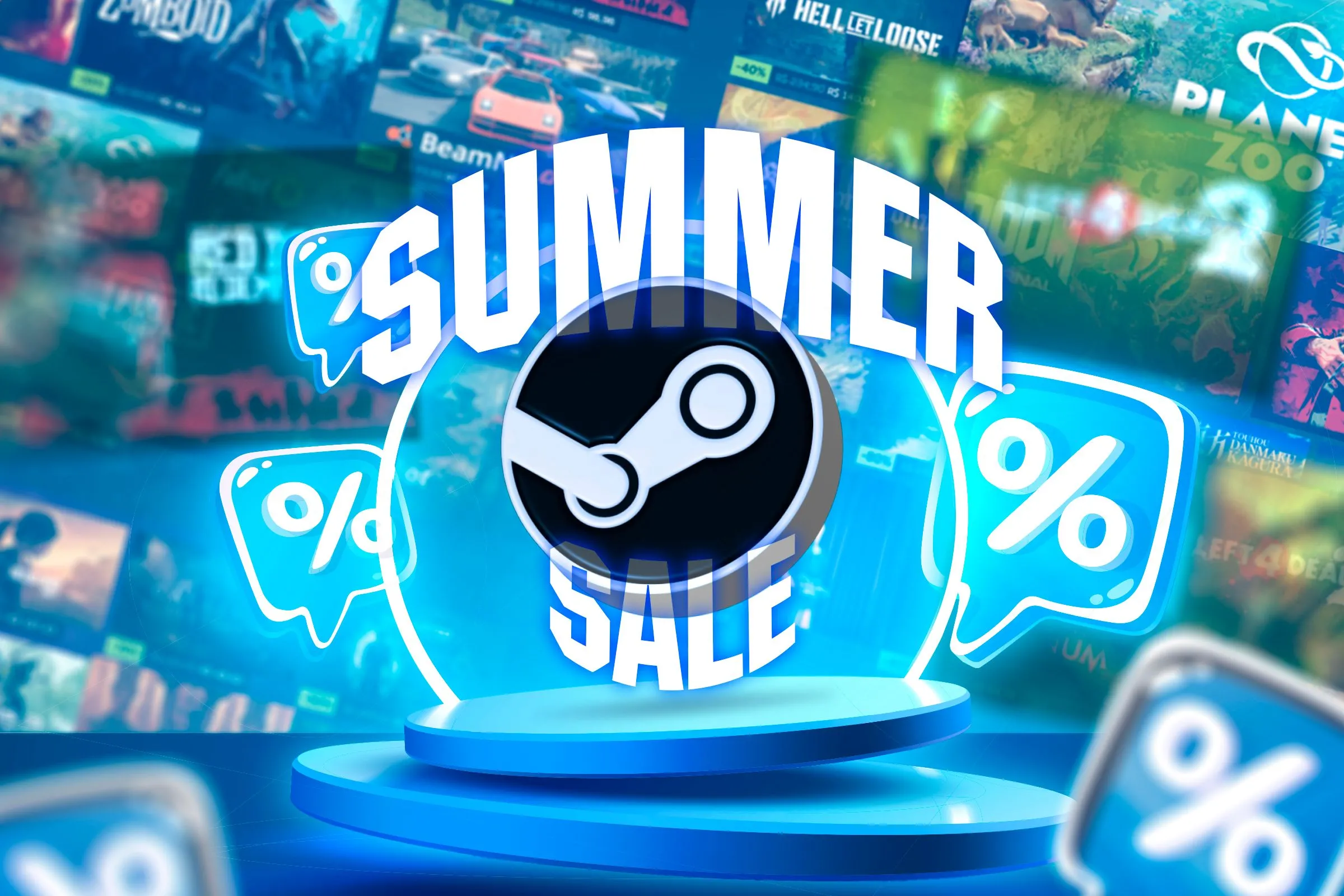 Bục vinh quang với logo Steam, xung quanh là các biểu tượng giảm giá và các tựa game đang khuyến mãi ở phía sau, thể hiện các ưu đãi hấp dẫn trên cửa hàng kỹ thuật số.