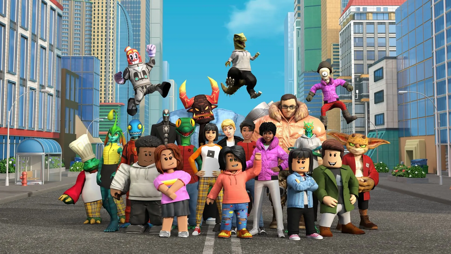 Các avatar người chơi Roblox đứng cạnh nhau, thể hiện tính tương tác cộng đồng.