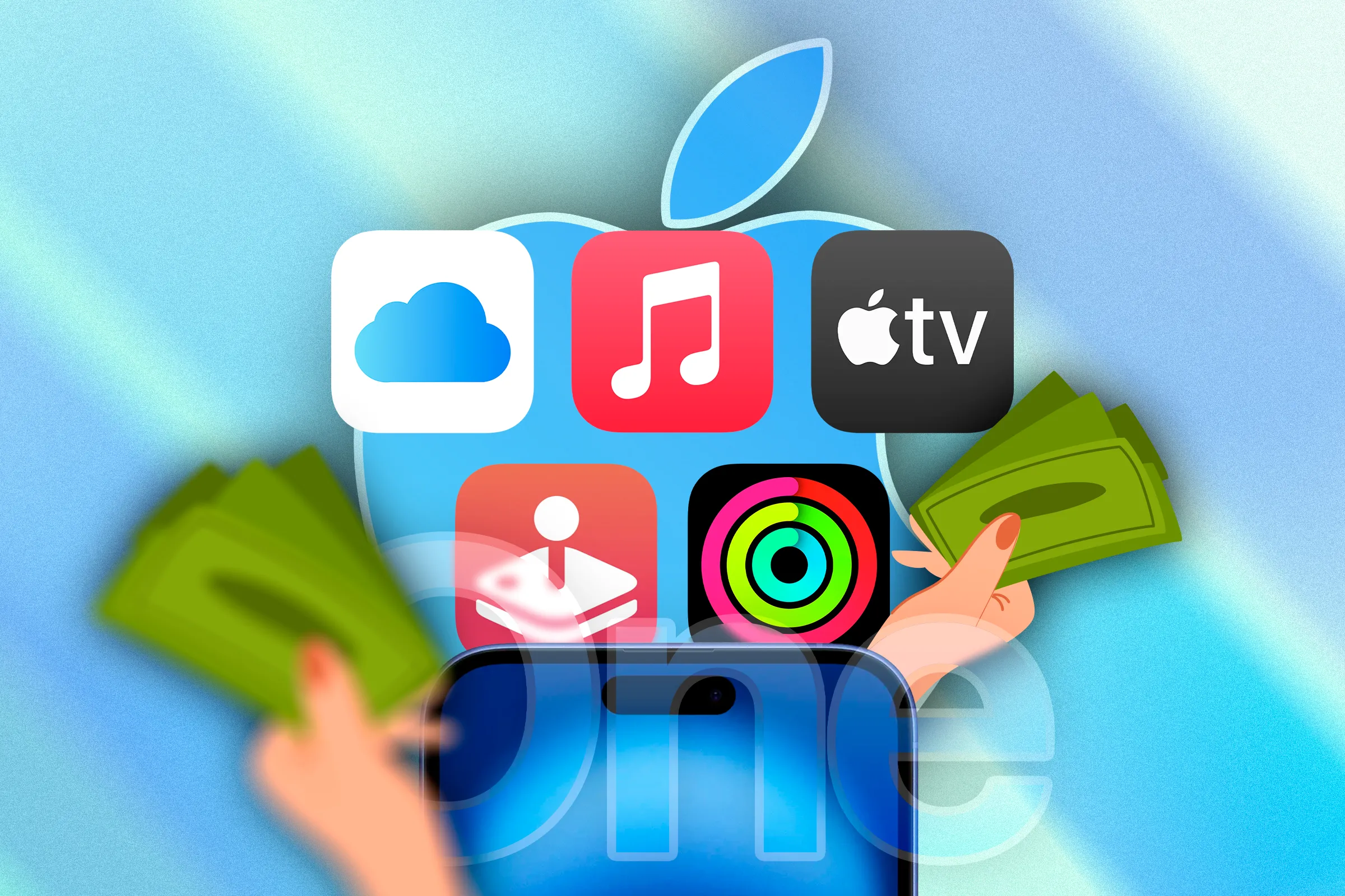 Các biểu tượng ứng dụng Apple One cùng hình ảnh bàn tay cầm tiền, minh họa giá trị kinh tế và tiết kiệm của gói dịch vụ