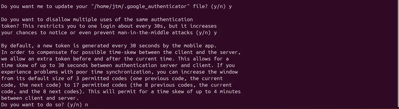 Các câu hỏi cấu hình của Google Authenticator xuất hiện trên terminal Ubuntu trong quá trình thiết lập 2FA.