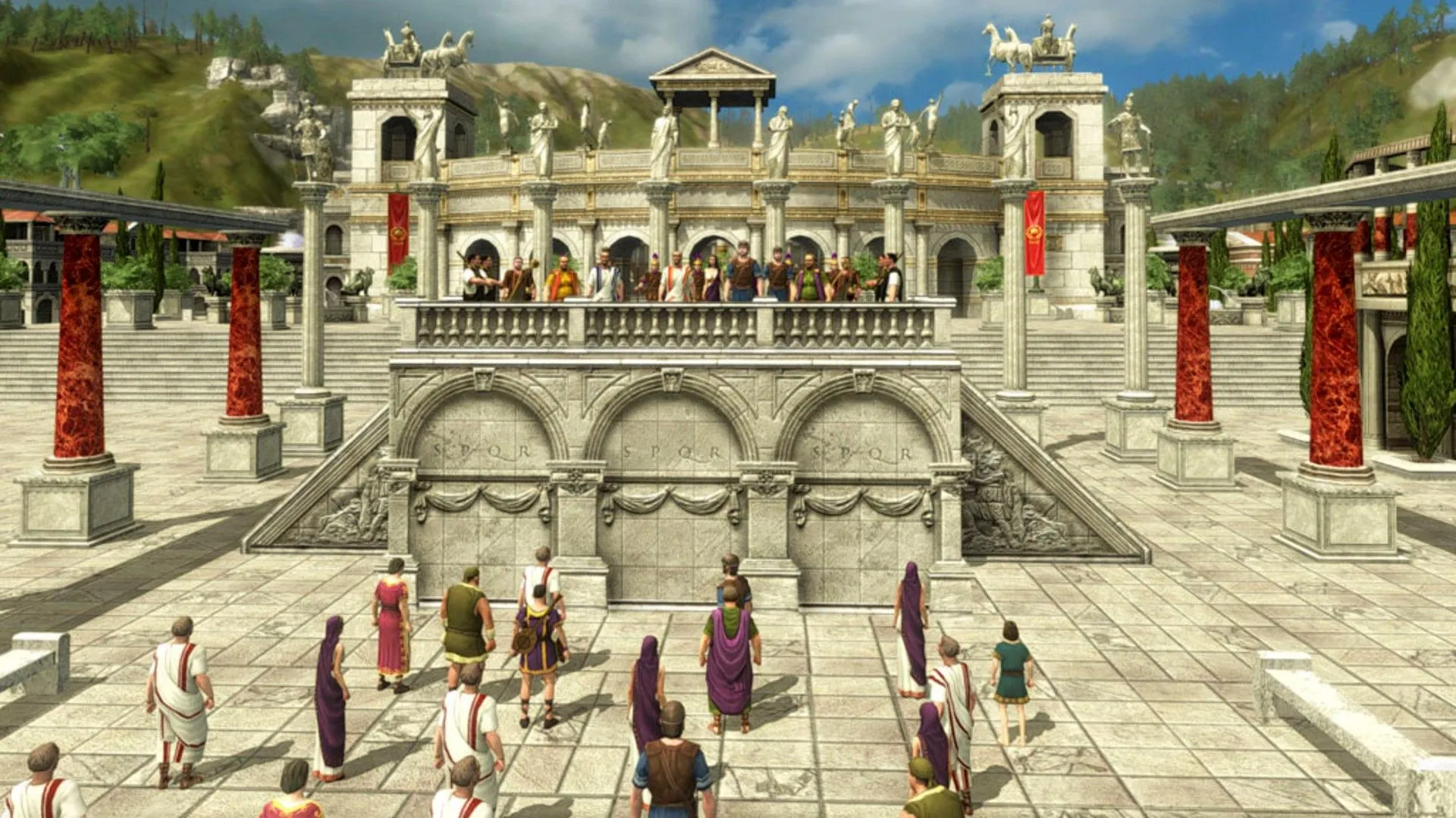 Các chính trị gia La Mã đang trò chuyện với người dân trong game Grand Ages Rome, thể hiện yếu tố quản lý và xã hội.