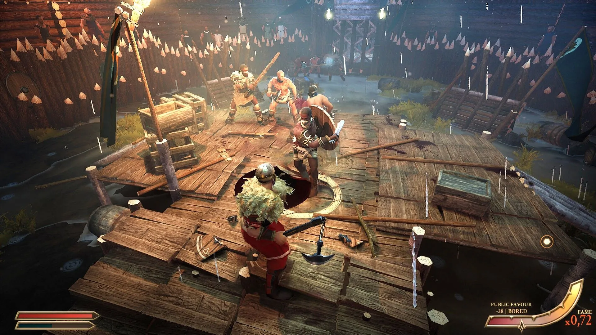 Các đấu sĩ đang giao chiến với một nhóm khác trong game We Who Are About To Die, tập trung vào chiến đấu vật lý và khốc liệt.