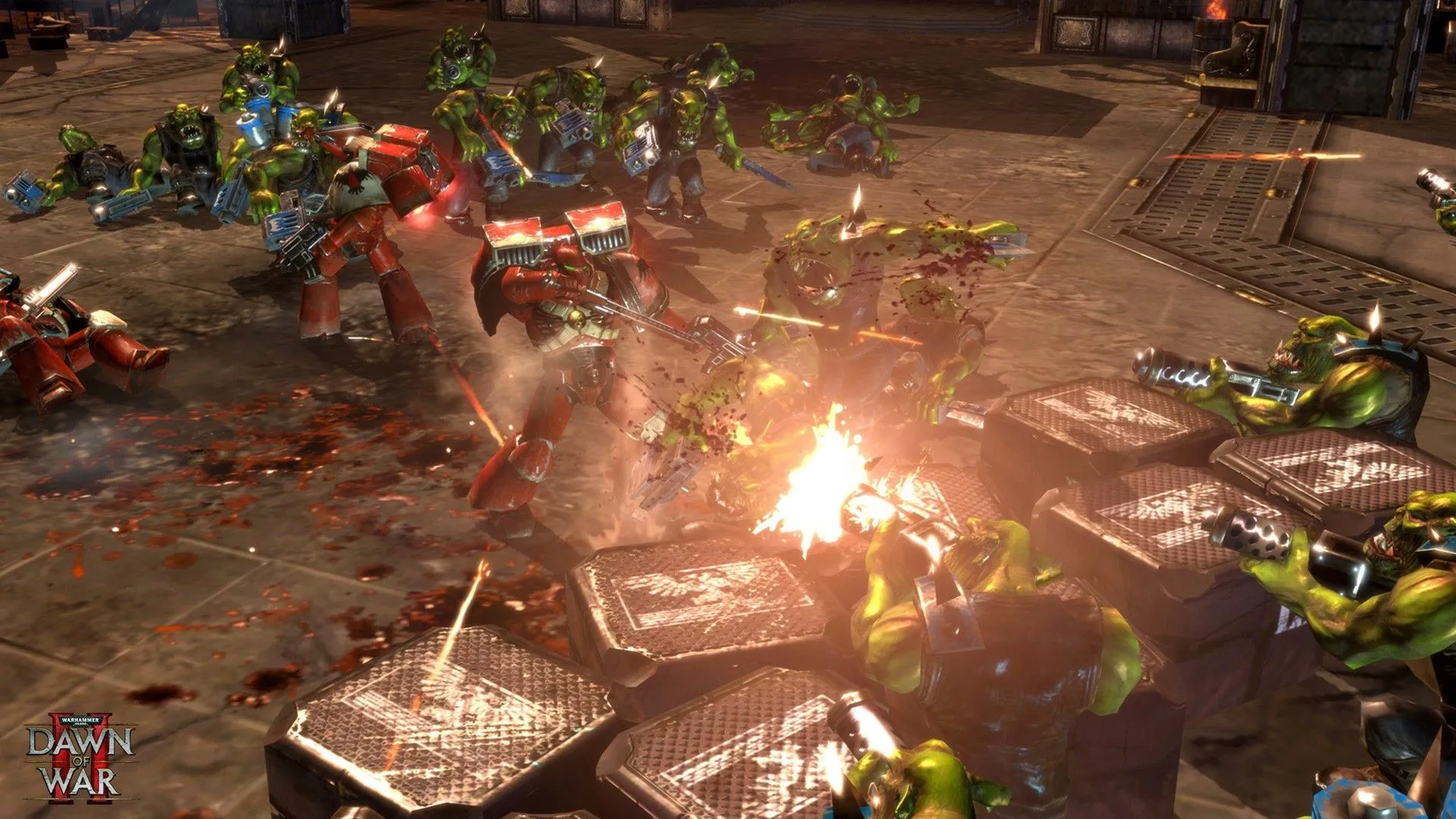 Các đơn vị của người chơi chiến đấu với người ngoài hành tinh trong Warhammer 40000 Dawn of War 2.