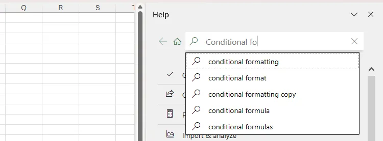 Các gợi ý tìm kiếm xuất hiện trong bảng Trợ giúp của Excel khi người dùng nhập từ khóa &quot;conditional fo&quot;.